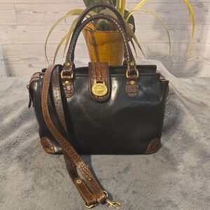 Brahmin Black Leather Satchel with Crocodile-embossed Accents